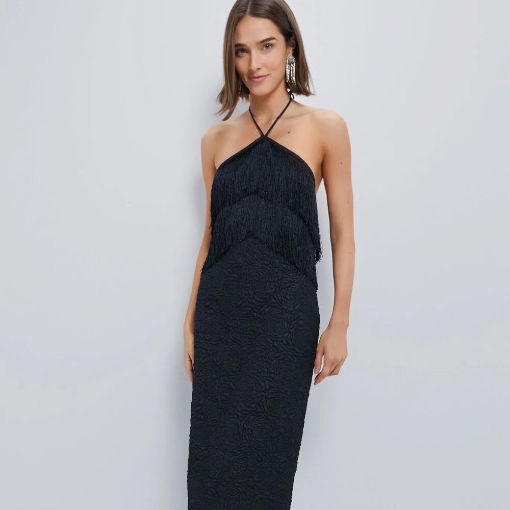 Tuckernuck Hyacinth House Black Fringe Halter Neck Natalia Midi Dress NWT Med